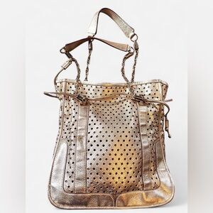 Kate Spade Gold Perforated Leather Tote Bag Chain Strap Metallic Shoulder Bag